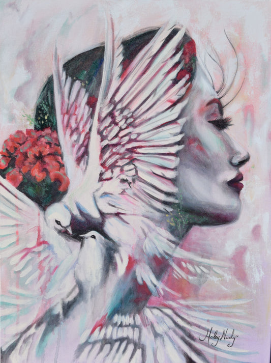 Breathtaking double exposure original painting of a girl bejeweled with doves