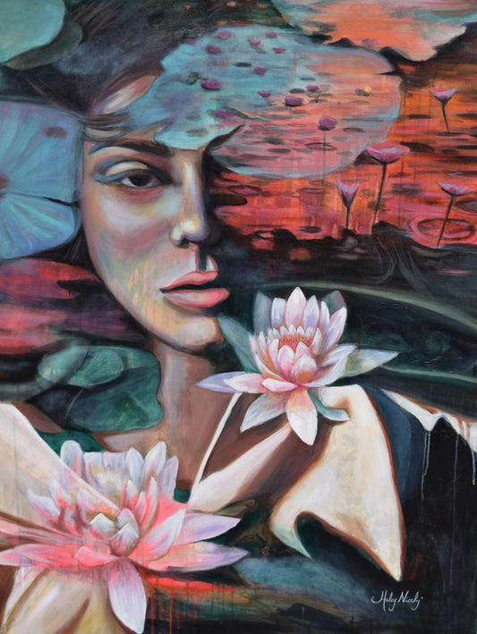 Stunning Double Exposure painting of a girl with lilypads