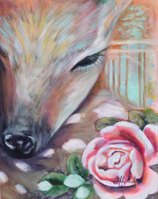 Beautiful original painting of a deer with flower symbolizing peace and harmony