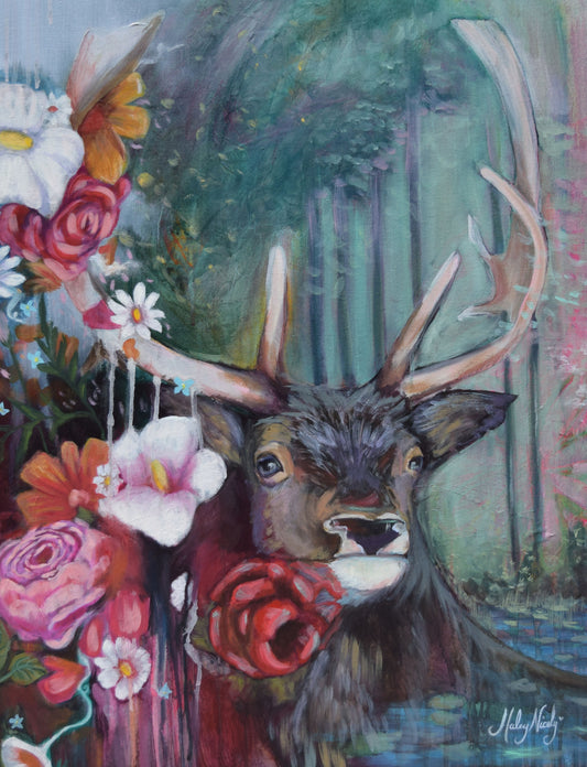 Original Mixed Media painting of a magnificent buck adorned with vibrant flowers