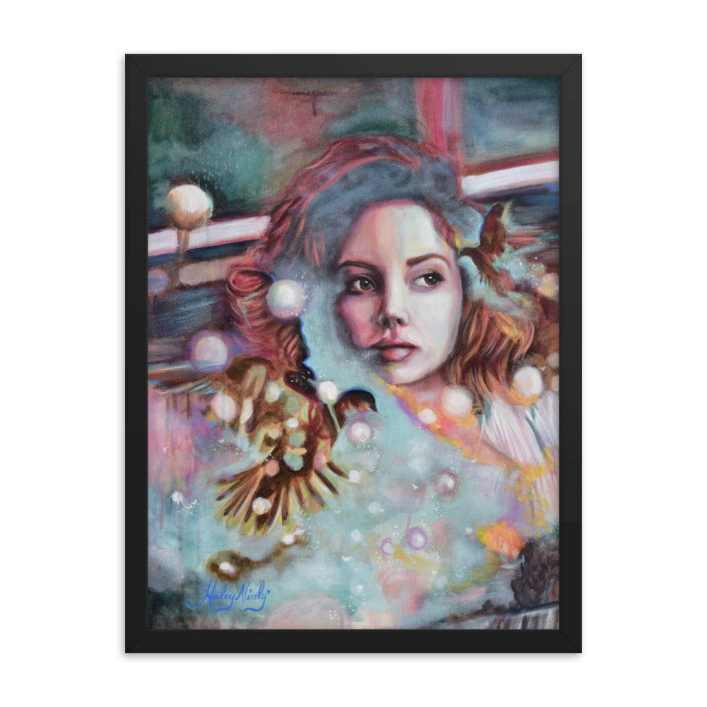 Fantastic Double Exposure painting of a girl and a bird with whimsical colors