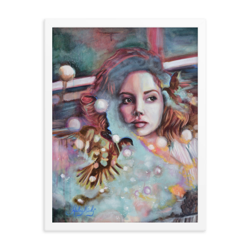 Fantastic Double Exposure painting of a girl and a bird with whimsical colors