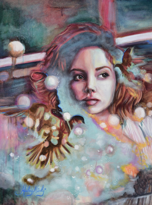 Fantastic Double Exposure painting of a girl and a bird with whimsical colors