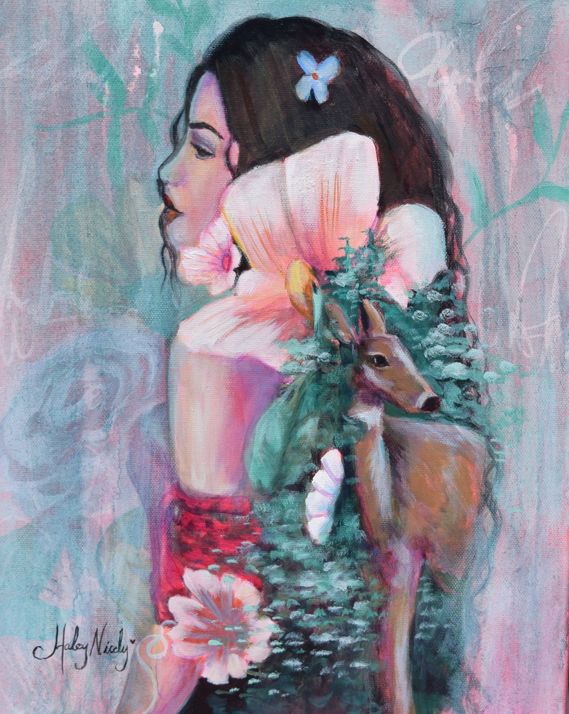 Double Exposure painting of a girl and a deer with soft, alluring colors