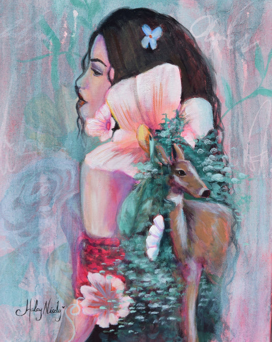 Double Exposure painting of a girl and a deer with soft, alluring colors