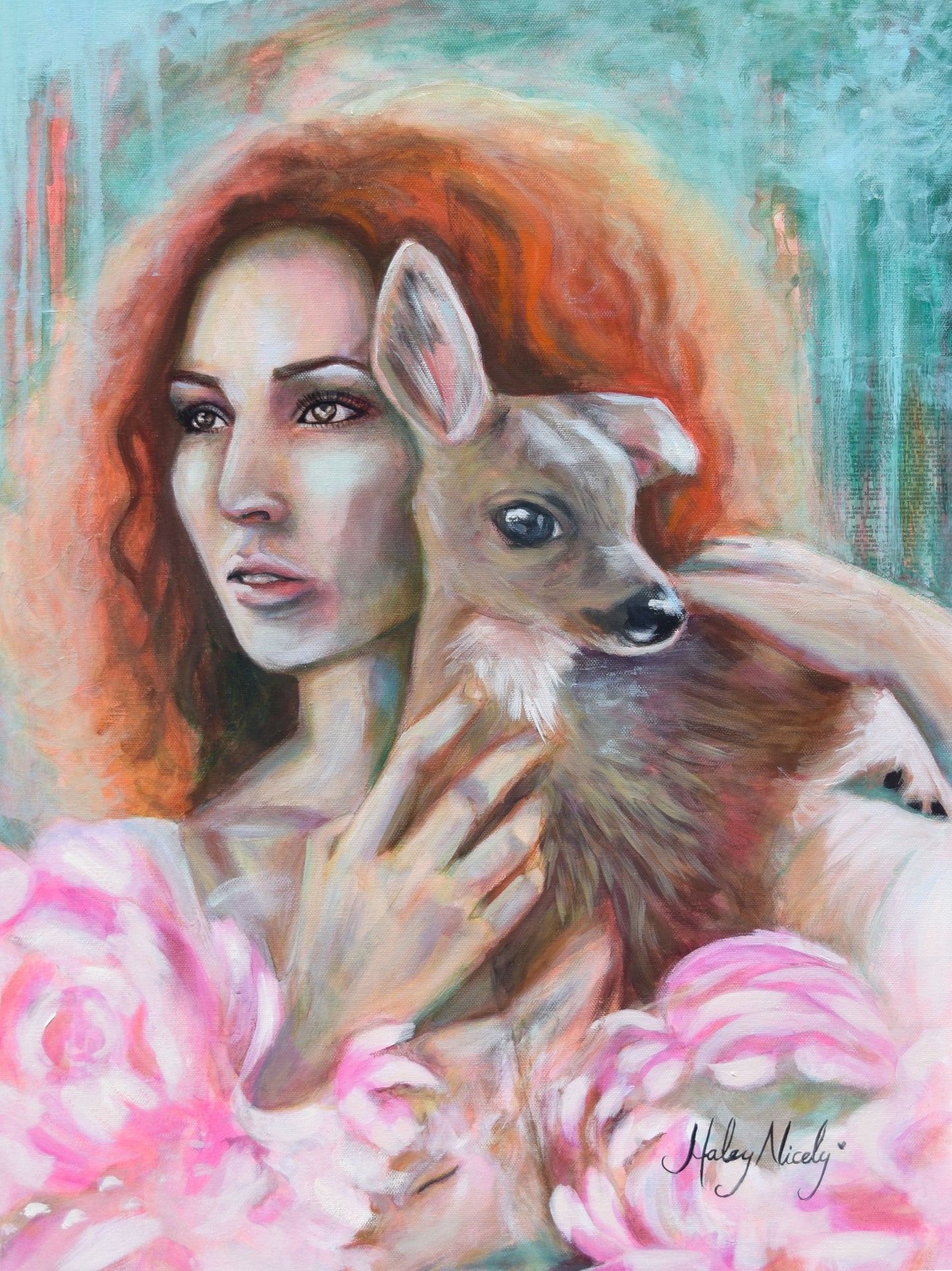 Lovely original painting of a girl holding a fawn surrounded by flowers