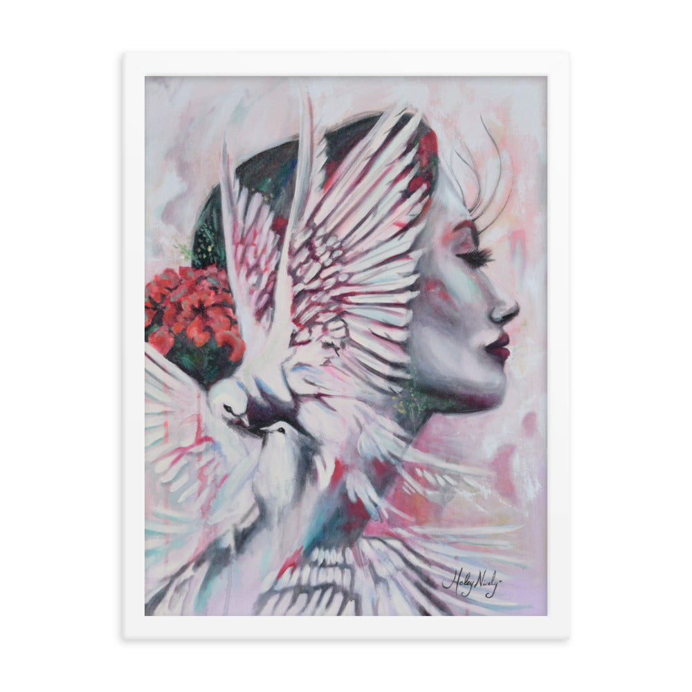 Breathtaking double exposure painting of a girl adorned with doves