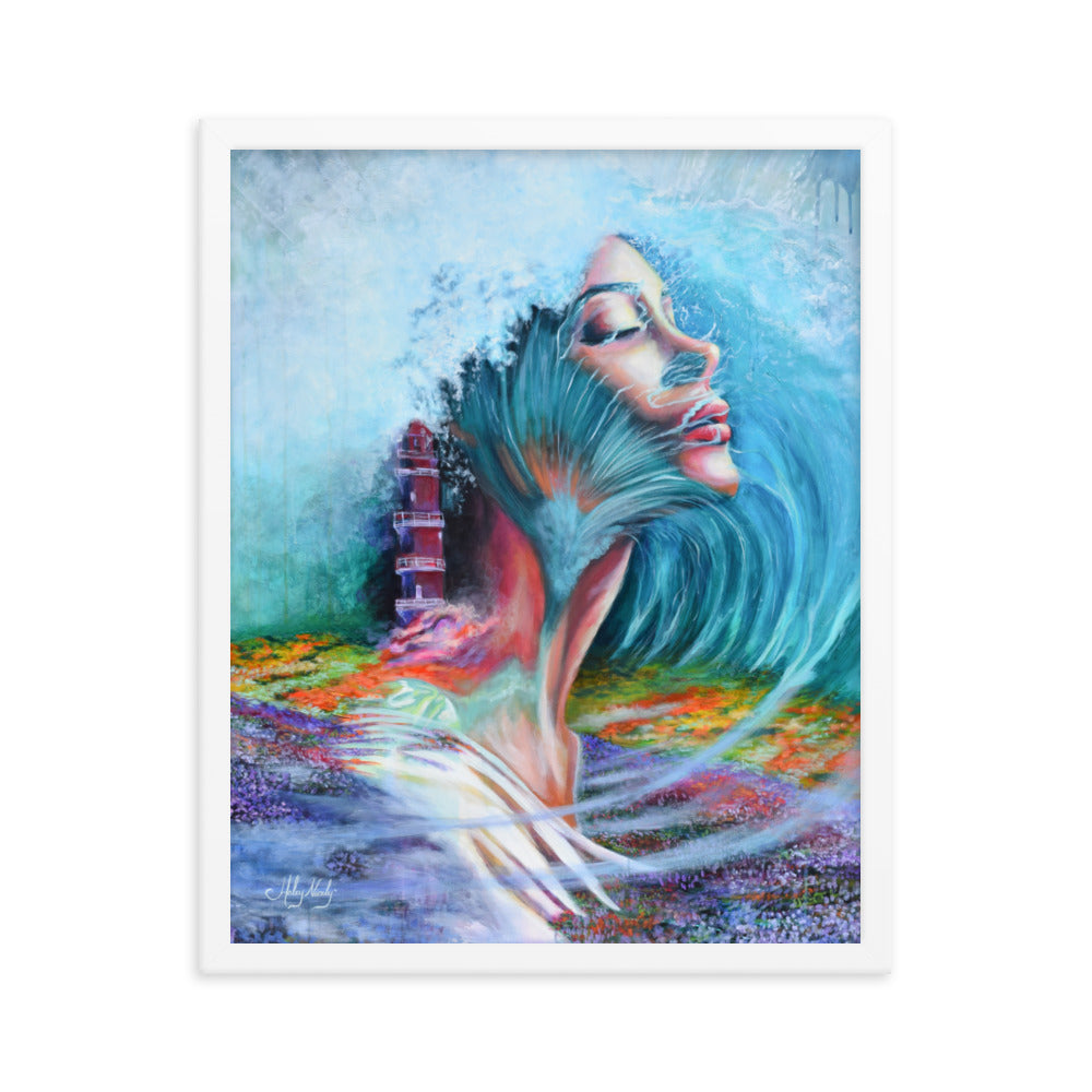 Double exposure painting of a girl being engulfed by a wave adjacent to a lighthouse