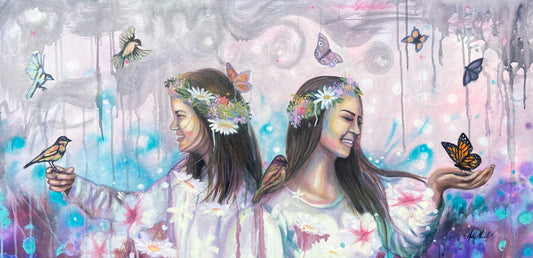 Beautiful Christian fine art painting of girls holding butterflies and birds depicting the worth we have in Jesus