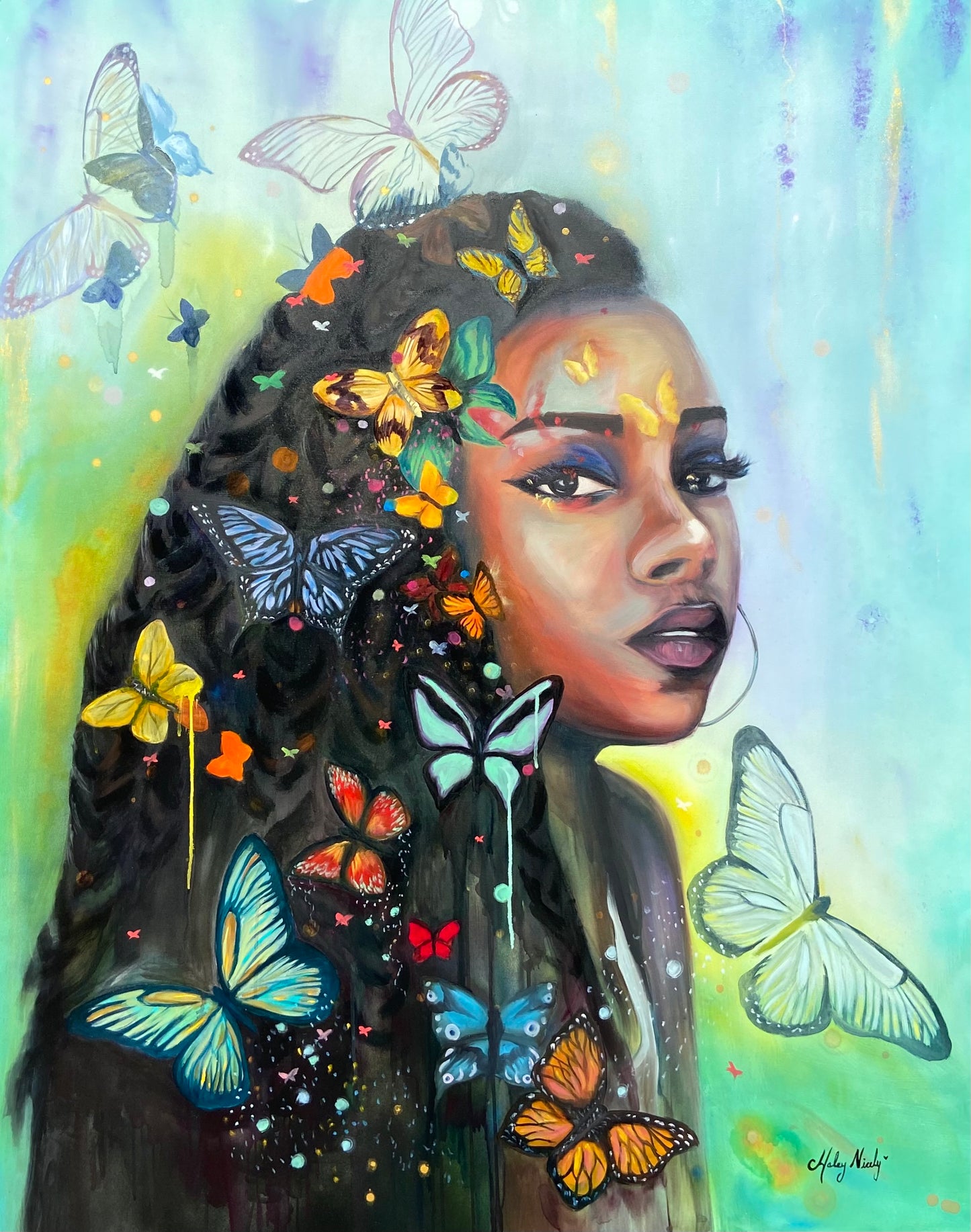 Larger-than-life Awe-inspiring original painting of an astute girl covered with butterflies 