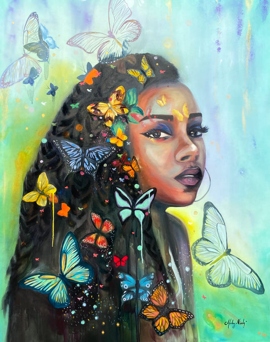 Larger-than-life Awe-inspiring original painting of an astute girl covered with butterflies 