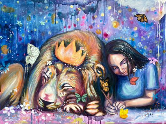 Brilliant painting of a girl peacefully lying beside a lion representative of Jesus