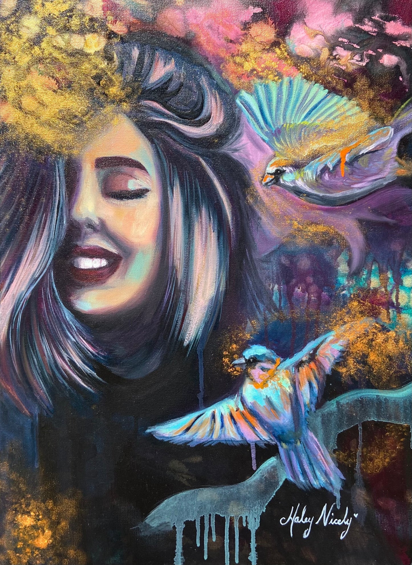 Gorgeous Painting of a girl surrounded by brilliantly colorful birds