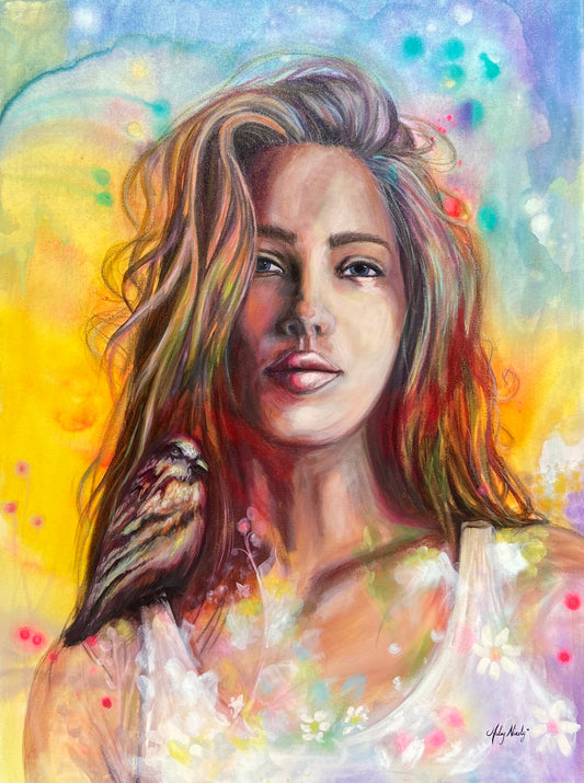 Vibrant Painting of a Charming Girl with a bird on her shoulder