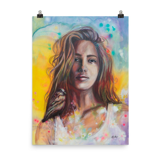 Vibrant Painting of a Charming Girl with a bird on her shoulder