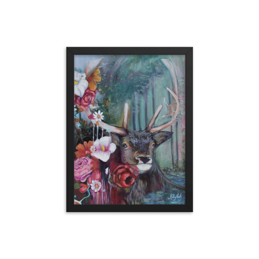 Painting of a magnificent buck adorned with vibrant flowers