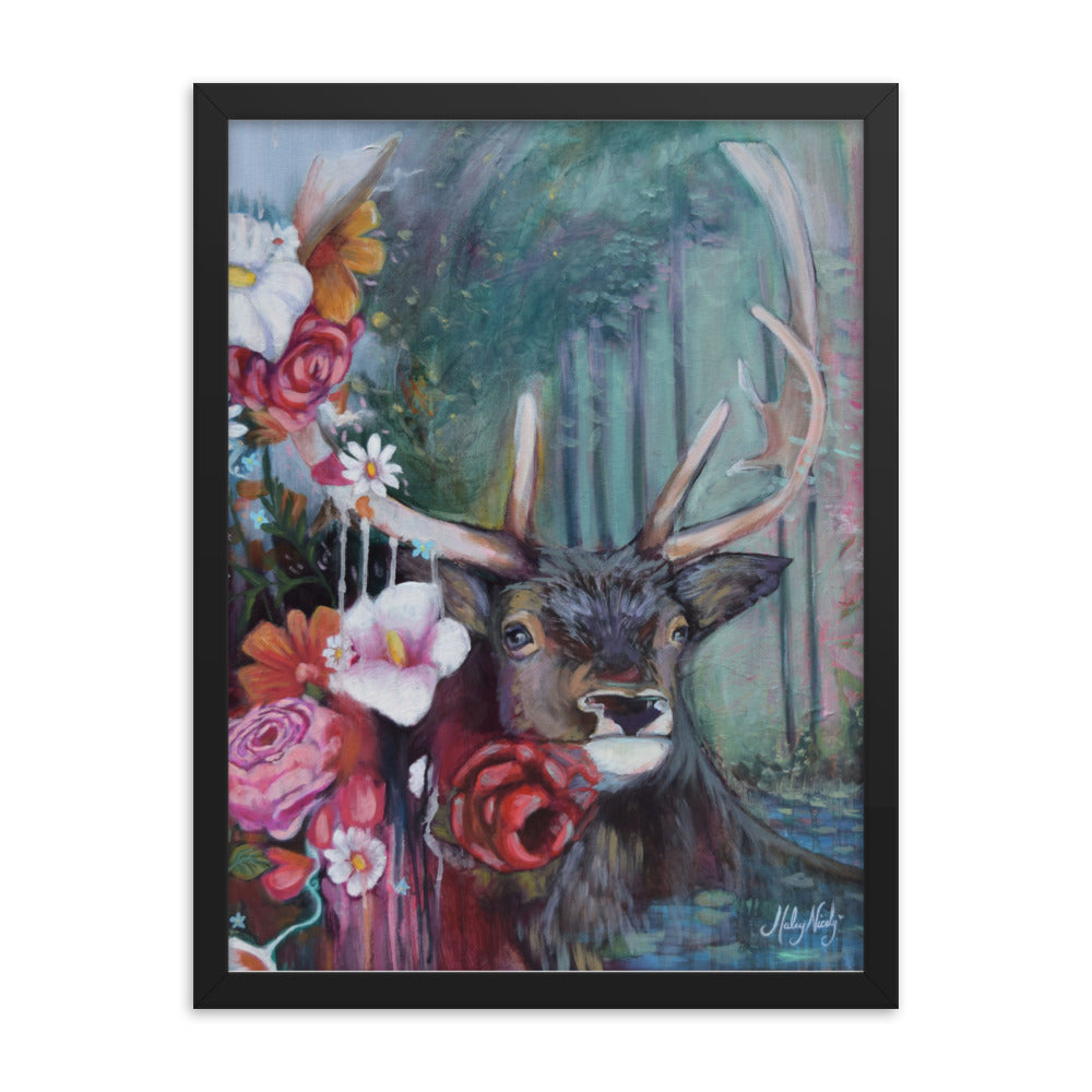 Painting of a magnificent buck adorned with vibrant flowers