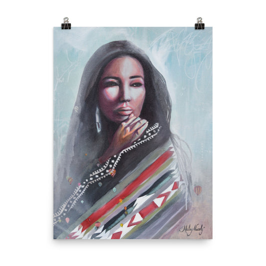 Beautiful Native American girl painting with hot air balloons in the background