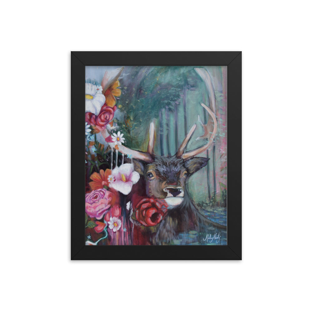 Painting of a magnificent buck adorned with vibrant flowers