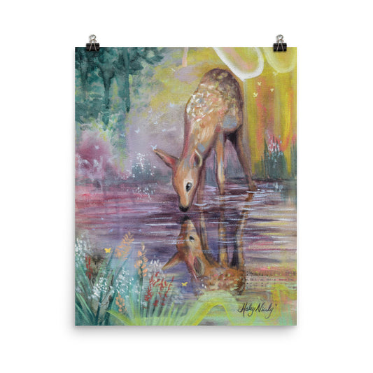 Delightful deer drinking from water brook painting