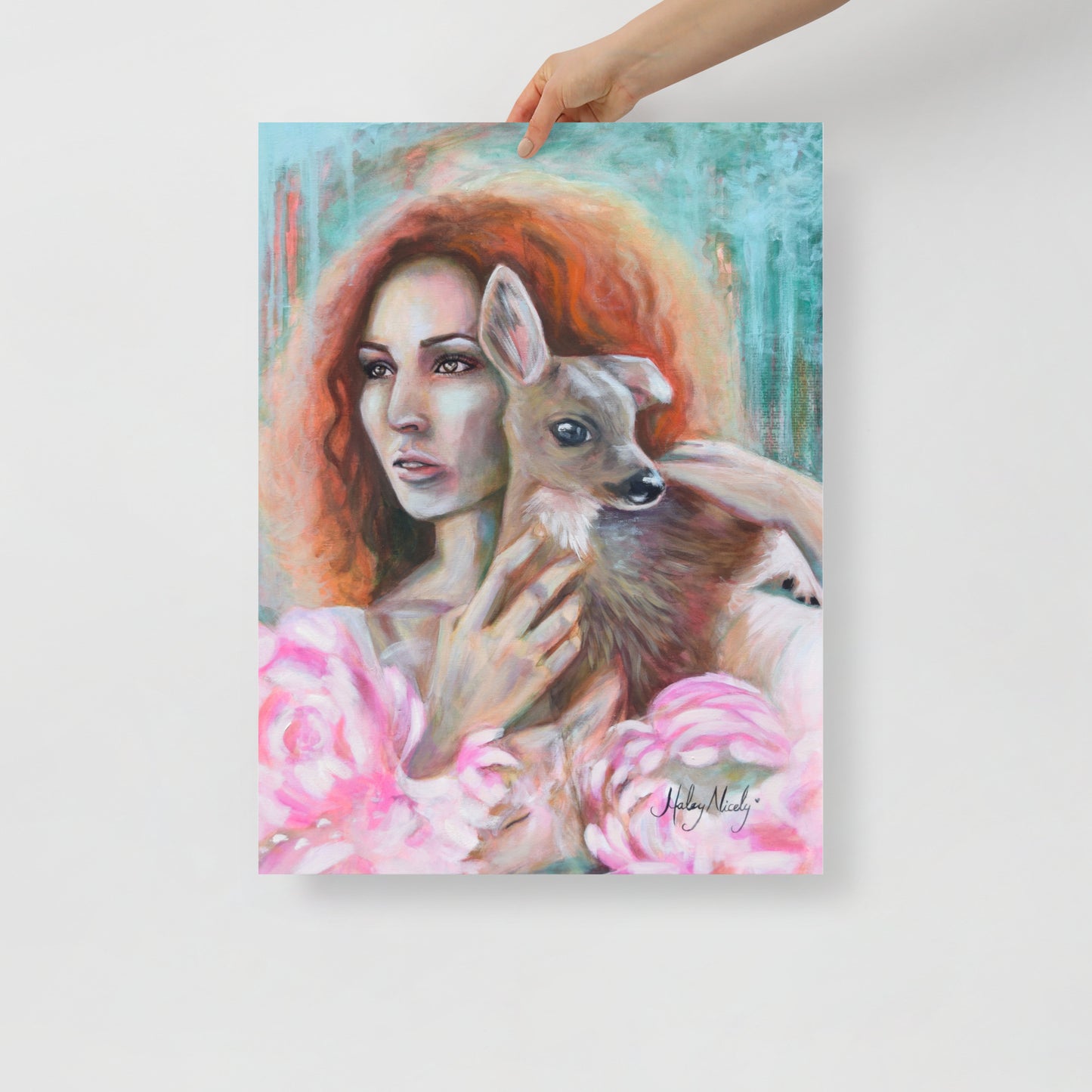 Lovely painting of a girl holding a fawn surrounded by flowers